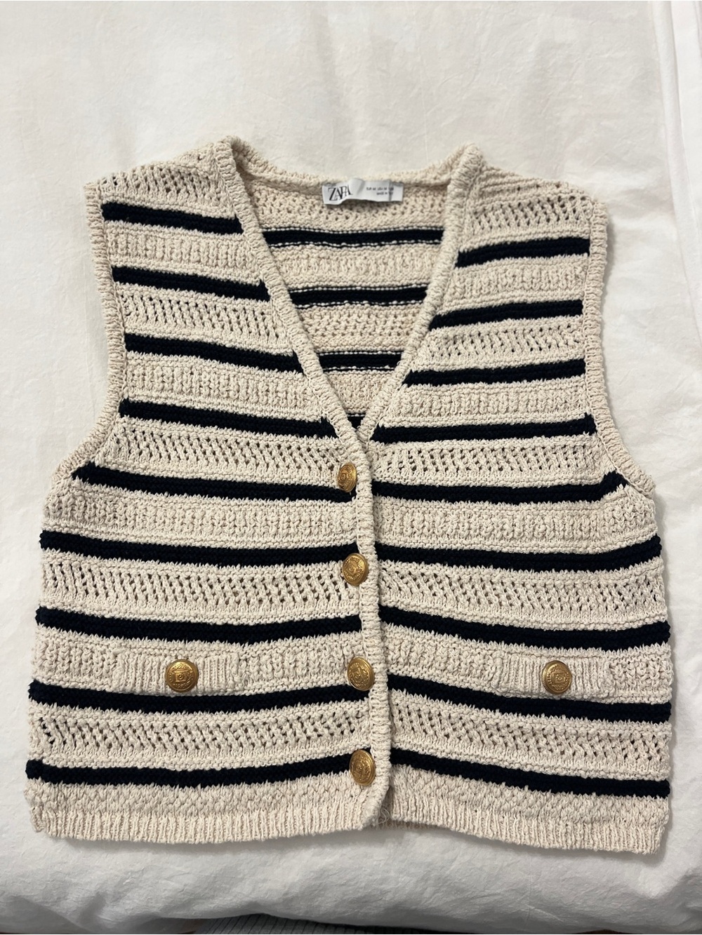 Zara Cream & Black Striped Crochet Button Vest